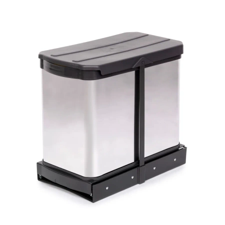 Pojemnik do recyklingu Inox 2x12 litrów, mocowanie dolne, wysuw manualny/automatyczny, Plastik i stal nierdzewna