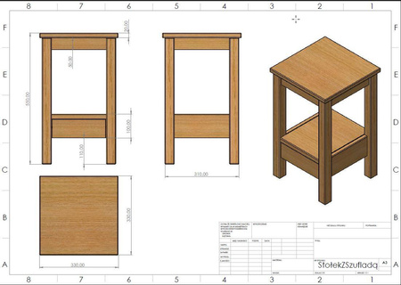 Stołek dębowy mat z szufladą wysokość 55 cm siedzisko 33cm x 33cm