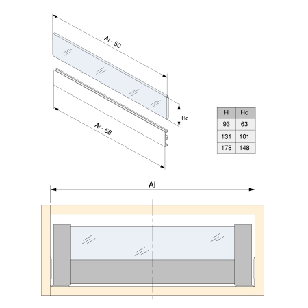 Mocowania frontu szuflad szklanych Vertex H=131 Szaro-antracytowy 1 kpl Emuca