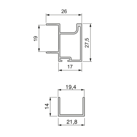 Zestaw uchwytów dla jednych drzwi przesuwnych Sharp 19, dla grubości 19mm, długość 2.7m, Aluminium, Malowane na czarno