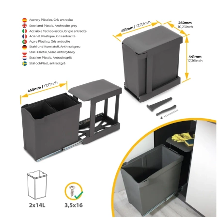 Pojemniki do recyklingu do kuchni, 2 x 14L, mocowanie na dnie i automatyczne wysuwanie, Stal i Plastik, Szaro-antracytowy