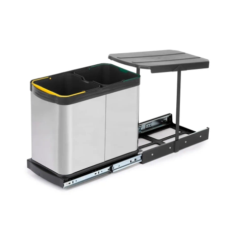 Pojemnik do recyklingu Inox 2x12 litrów, mocowanie dolne, wysuw manualny/automatyczny, Plastik i stal nierdzewna