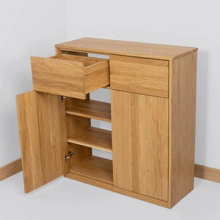 Komoda dębowa lite drewno dwie szuflady cztery półki drewniane lakierowana 1020x347x940