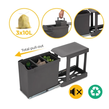 Pojemniki do recyklingu do kuchni, 3 x 10L, mocowanie na dnie i automatyczne wysuwanie, Stal i Plastik, Szaro-antracytowy