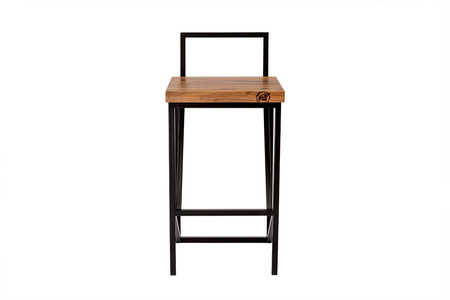 Stołek metalowy z oparciem i z drewnianym orzechowym blatem o wysokość 66 cm siedzisko 40cm x 40cm