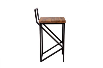 Stołek metalowy z oparciem i z drewnianym orzechowym blatem o wysokość 66 cm siedzisko 40cm x 40cm