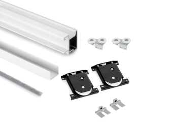 Komplet uchwytów Sharp z dolnymi wózkami dla jednych drzwi przesuwnych, dla deski o grubości 10 mm , długość 2.7m, Aluminium, Malowane na biało
