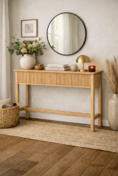 Konsola dębowa lite drewno dwie szuflady z ryflem drewniane 1200x350x1000