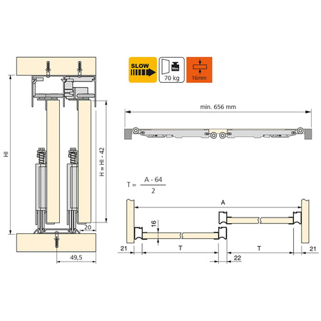Zestaw systemu Placard 81 do drzwi przesuwnych z cichym domykiem do 30kg 16mm profil Wave Emuca