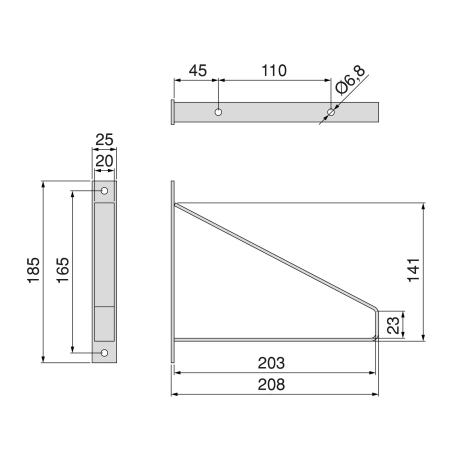 Półka drewniana dębowa 30x20x2cm w zestawie z czarnym trójkątnym uchwytem 