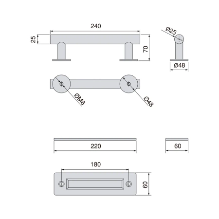 Uchwyt Pasadena do drewnianych drzwi przesuwnych, długość 240 mm, Rozstaw 180 mm, Stal, Czarny teksturowany