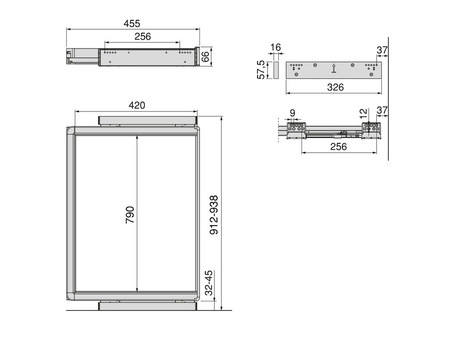 Rama z cichym domykiem i prowadnicami z pełnym wysuwem do akcesoriów meblowych Quartz, 912-938mm, Aluminium i plastik, Tytanowy
