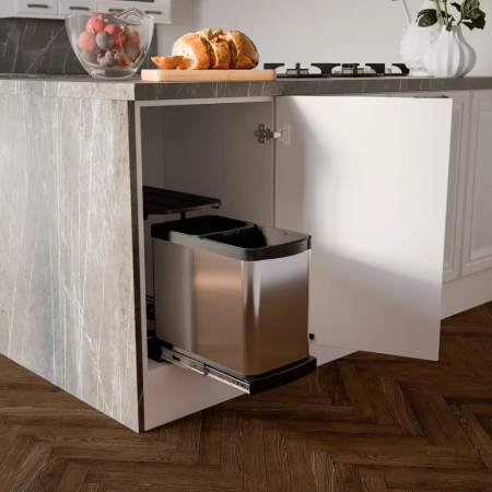 Pojemnik do recyklingu Inox 2x12 litrów, mocowanie dolne, wysuw manualny/automatyczny, Plastik i stal nierdzewna