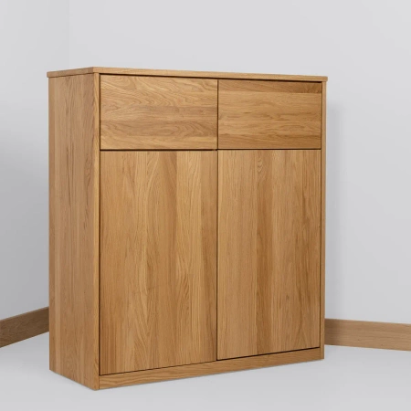 Komoda dębowa lite drewno dwie szuflady cztery półki drewniane lakierowana 1020x347x940