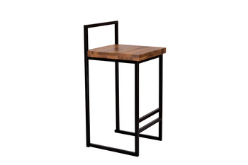 Stołek metalowy z oparciem i drewnianym orzechowym blatem o wysokość 66 cm siedzisko 40cm x 40cm