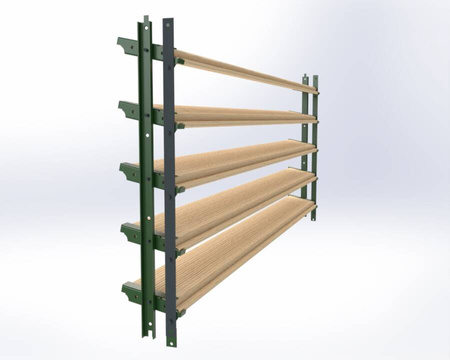 Aluminiowy zielony kpl. uchwytów w zestawie z 5 ruchomymi deskami o długości 70 cm montowanych w pionie lub poziomie na listwie z możliwością łączenia o długości 48 cm